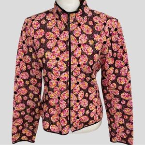 Vintage Elliott Lauren Pink Black Multicolor Floral Quilted Zip Front Jacket